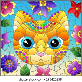 Stained glass illustration with the face of a funny cartoon kitten and flowers on a blue background