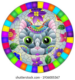 Stained glass illustration with the face of a funny cartoon kitten and flowers on a blue background, round image in bright frame