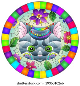 Stained glass illustration with the face of a funny cartoon kitten and flowers on a blue background, round image in bright frame