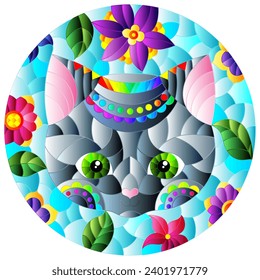 Stained glass illustration with the face of a funny cartoon kitten and flowers on a blue background, round image in bright frame
