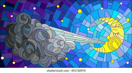 Stained glass illustration with fairy moon blowing a cloud against the starry sky