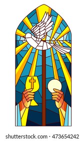 Stained Glass Illustration Featuring a Priest Raising the Host and the Chalice