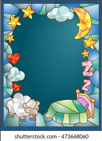 Stained Glass Illustration Featuring a Sheep Standing Beside a Bed