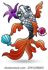 Stained glass illustration with fish and shells, animal isolated on a white background