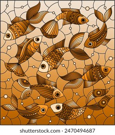 Stained glass illustration with a fishes on a blue background, rectangular image, tone brown