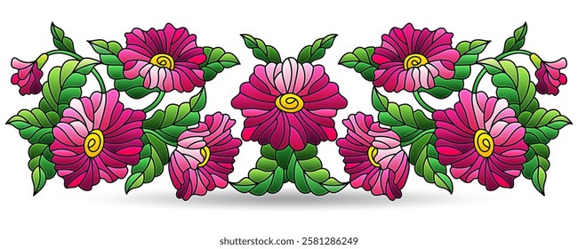 Stained glass illustration with floral arrangement, flowers isolated on a white background