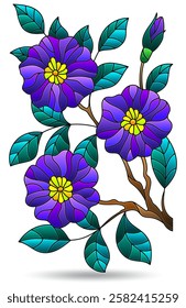 Stained glass illustration with floral arrangement, flowers isolated on a white background