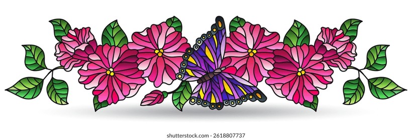 Stained glass illustration with floral arrangement and butterflies, isolated on a white background