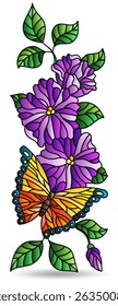 Stained glass illustration with floral arrangement and butterflies, isolated on a white background