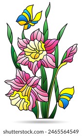 Stained glass illustration with floral arrangements of daffodils and butterflies, isolated on a white background