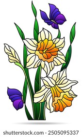 Ilustración de vitrales con arreglos florales de narcisos y mariposas, aislados sobre un fondo blanco