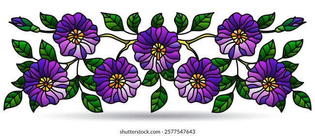 Stained glass illustration with floral arrangements, flowers isolated on a white background