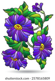 Stained glass illustration with floral arrangements, flowers isolated on a white background