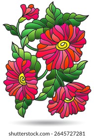Stained glass illustration with floral arrangements, flowers isolated on a white background