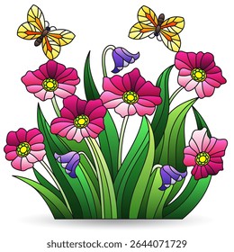 Stained glass illustration with flower bouquets and butterflies , dark outlines on a white background