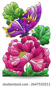 Stained glass illustration with flower and butterfly, isolated on a white background