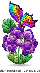 Ilustração de vidro manchado com flor e borboleta, isolado em um fundo branco