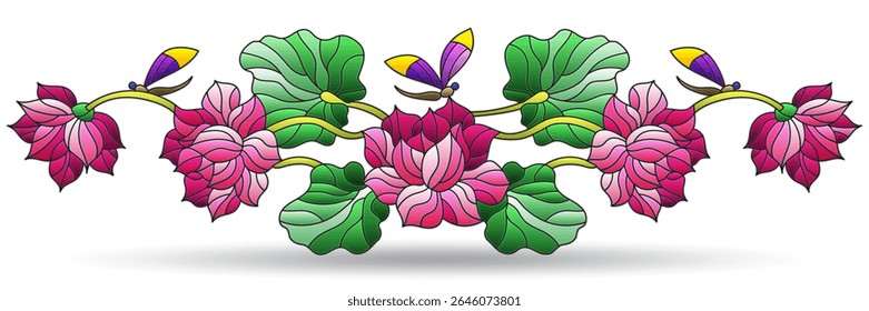 Stained glass illustration with flowers, lotus flower leaves and dragonflies, isolated on a white background