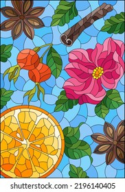 Stained glass illustration with fruits, berries and spices on a blue background