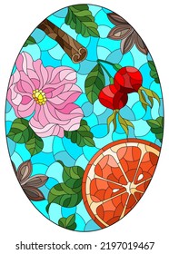 Stained glass illustration with fruits, berries and spices on a blue background