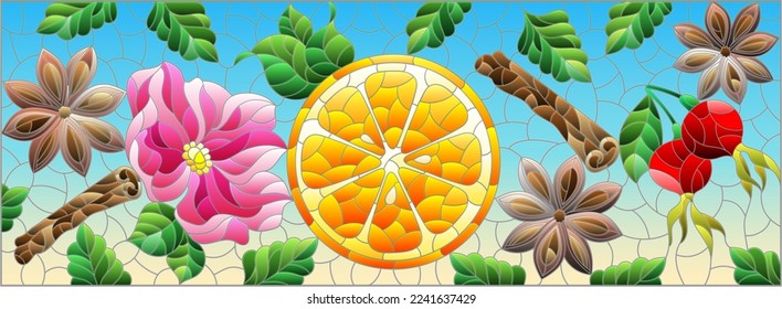 Stained glass illustration with fruits, berries and spices on a blue background