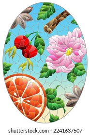 Stained glass illustration with fruits, berries and spices on a blue background