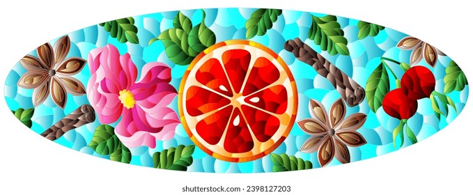 Stained glass illustration with fruits, berries and spices on a blue background, oval image