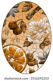 Stained glass illustration with fruits, berries and spices , tone brown