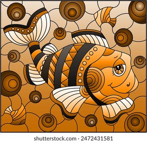 Ilustración de vitral con un divertido pez payaso de dibujos animados sobre un fondo de mar, Imagen rectangular, tono marrón