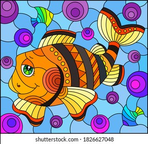 A stained glass illustration with a funny green cartoon clown fish on a blue background, rectangular image