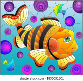 A stained glass illustration with a funny green cartoon clown fish on a blue background, rectangular image