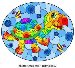 A stained glass illustration with a funny rainbow cartoon turtle on a blue background, oval image