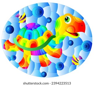 A stained glass illustration with a funny rainbow cartoon turtle on a blue background, oval image