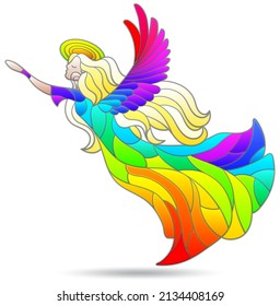 Stained glass illustration with a girl angel, an angel isolated on a white background