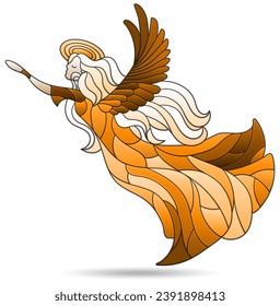 Stained glass illustration with a girl angel, an angel isolated on a white background, tone brown