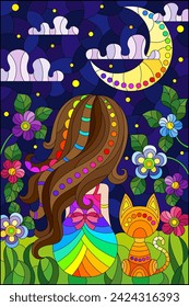 A stained glass illustration with a girl and a cat on a background of flowers and the night sky