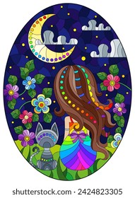 A stained glass illustration with a girl and a cat on a background of flowers and the night sky