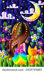 A stained glass illustration with a girl and a cat on a background of flowers and the night sky