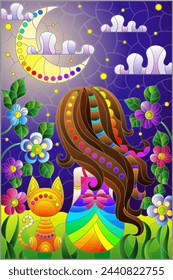 A stained glass illustration with a girl and a cat on a background of flowers and the night sky