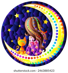 A stained glass illustration with a girl and a cat on the moon on a starry sky background, round image