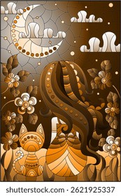 A stained glass illustration with a girl and a cat on a background of flowers and the night sky, tone brown