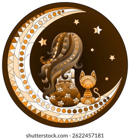 A stained glass illustration with a girl and a cat on the moon on a starry sky background, round image, tone brown