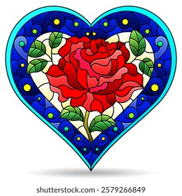 Stained glass illustration with heart, bright heart with flowers on white background