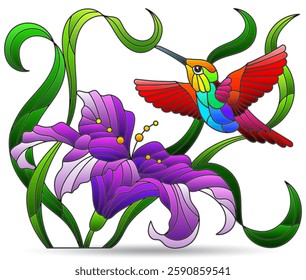 Stained glass illustration with hummingbird bird and lily flower, isolated compositions on a white background