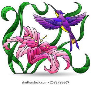 Stained glass illustration with hummingbird bird and lily flower, isolated compositions on a white background