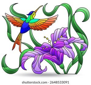 Ilustração de vidro manchado com beija-flor e flor de lírio, composições isoladas em um fundo branco