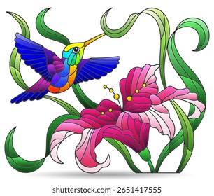 Ilustração de vidro manchado com beija-flor e flor de lírio, composições isoladas em um fundo branco