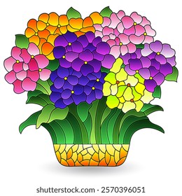 Stained glass illustration with hydrangea bouquet , isolated on a white background