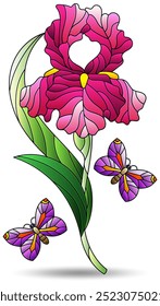 Stained glass illustration with iris flower, flower on a white background