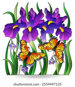 Stained glass illustration with iris flowers and butterflies, compositions isolated on a white background